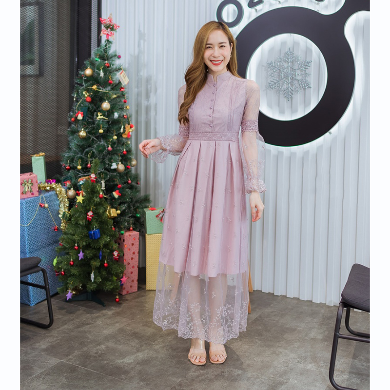 kudapy เดรสยาวสีแดง/สีชมพู/สีขาว คอจีนแขนลูกไม้ซีทรู สวยดูดีน่าารัก