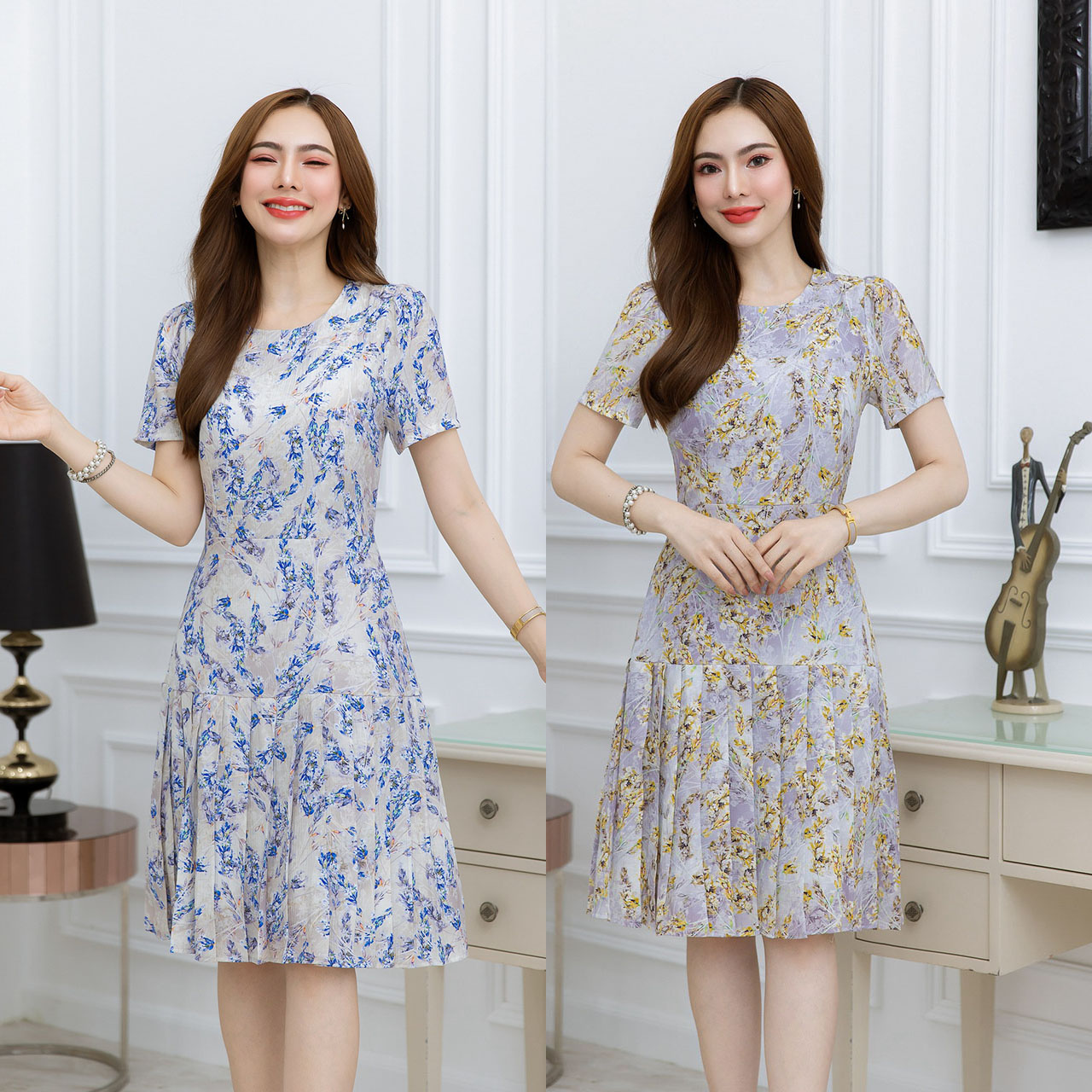 kudapy เดรสสั้นสีเทาดอกเหลือง/สีเทาดอกฟ้า ลายดอก กระโปรงจีบรอบตัว ดีเทลจีบชายกระโปรง