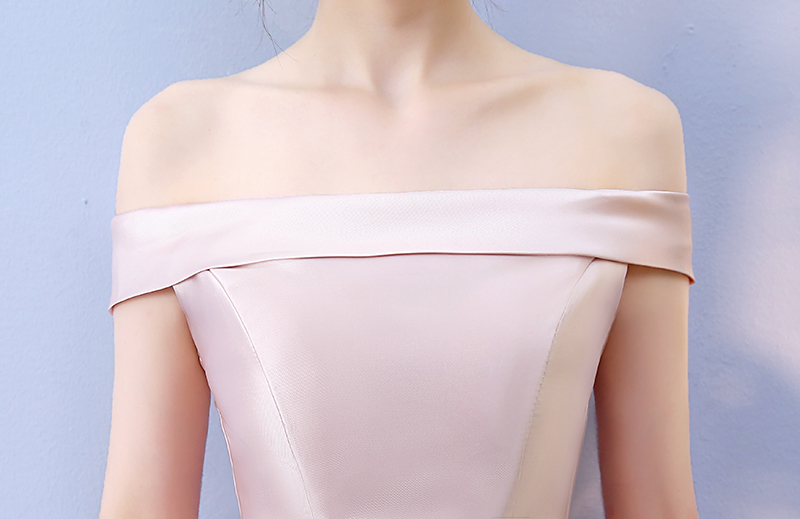 Mini Dress ชุดราตรีสั้นทรงปาดไหล่กระโปรงบานสีชมพู