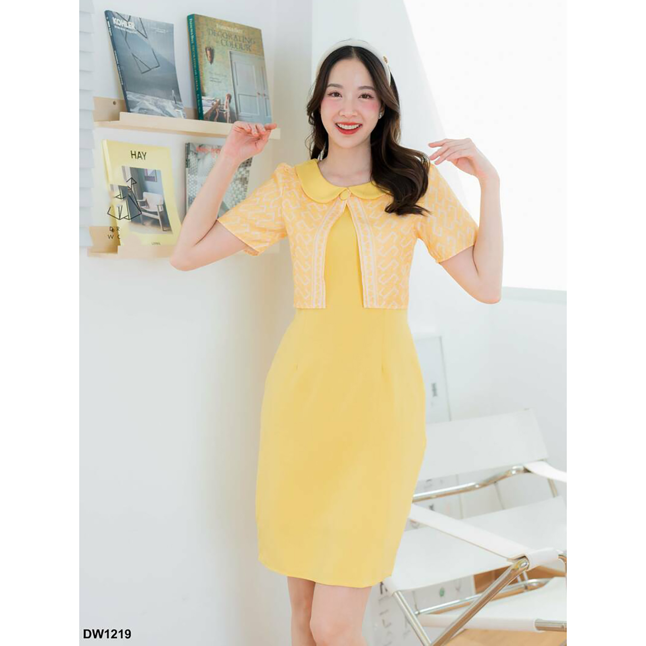 kudapy เดรสสั้นสีเหลือง/สีม่วง ผ้าพื้นคอบัวแต่งกั๊ก