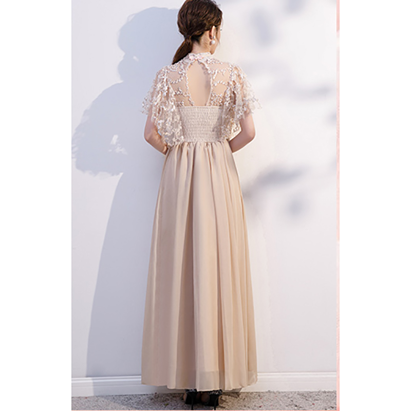 kudapy เดรสราตรียาวออกงานสีครีมกาแฟ คอจีนแขนคลุมไหล่