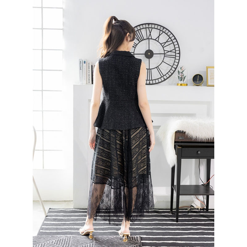 kudapy เซตเสื้อทรงสูทสีชมพู/สีขาว/สีดำ แขนกุด+กระโปรงยาวตาข่าย แต่งผ้าระบาย