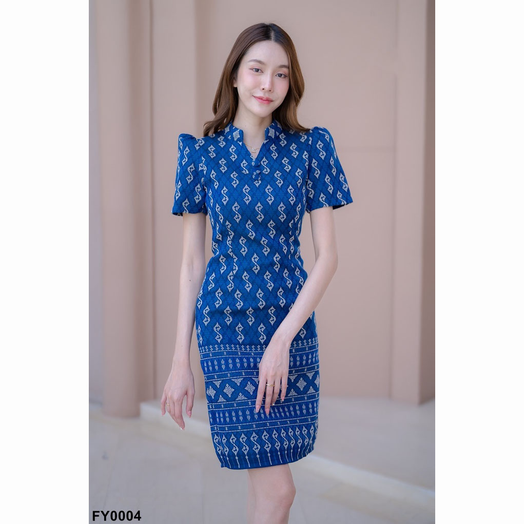 kudapy เดรสสั้นสีเทา/สีกรม/สีชมพู ผ้าไทยคอปีนลายขอ