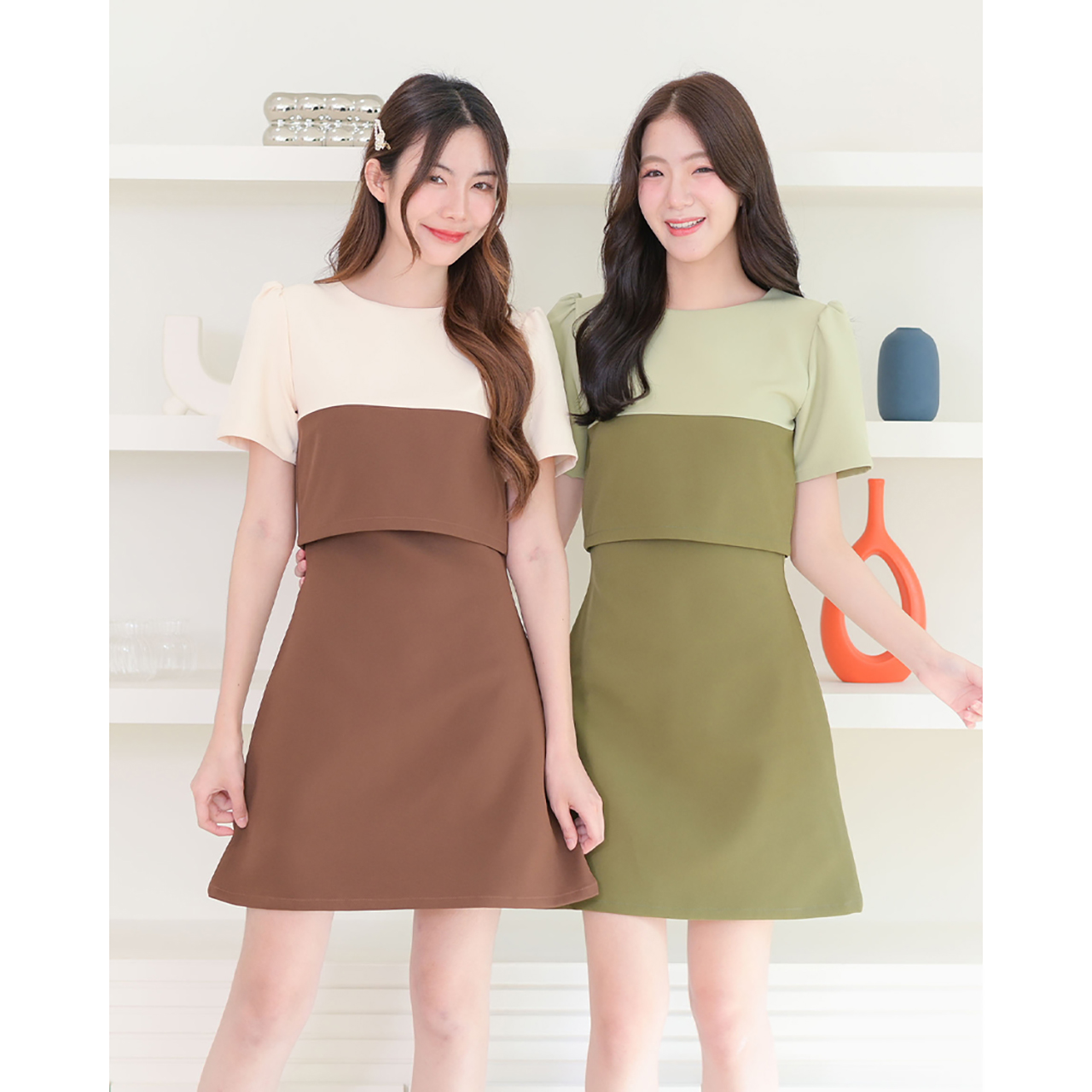 kudapy เดรสทรงเอแขนสั้นคอกลม ตัดต่อเล่นสีบ่าและแขน คู่สีทูโทนน่ารักมาก รูดไหล่ยกพองเบาๆเพิ่มความคิวท์