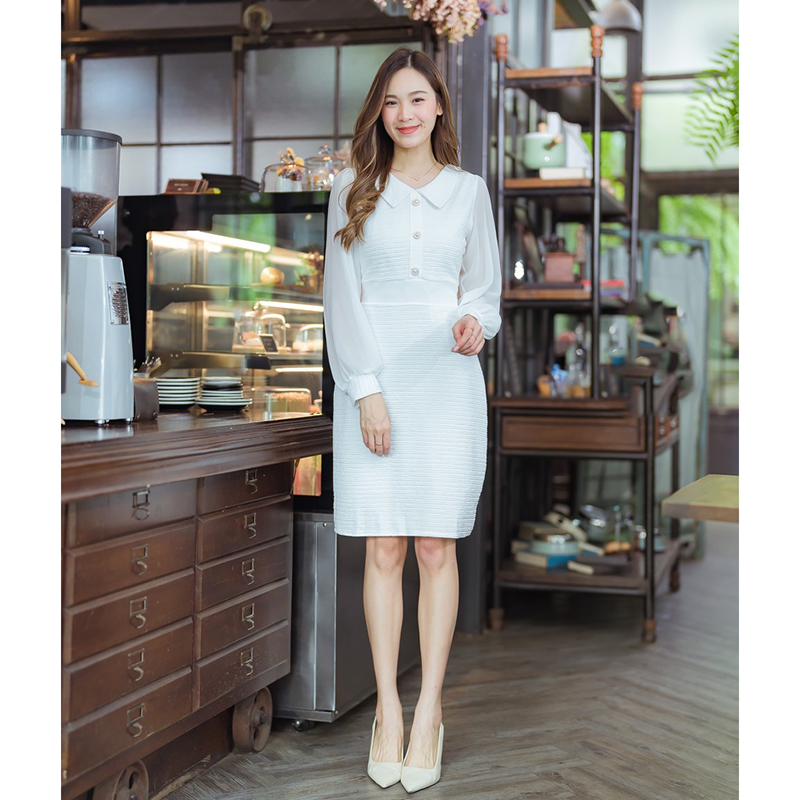 kudapy เดรสสั้นสีขาว/สีดำ/สีชมพู คอปกแขนยาวแต่งกระดุม