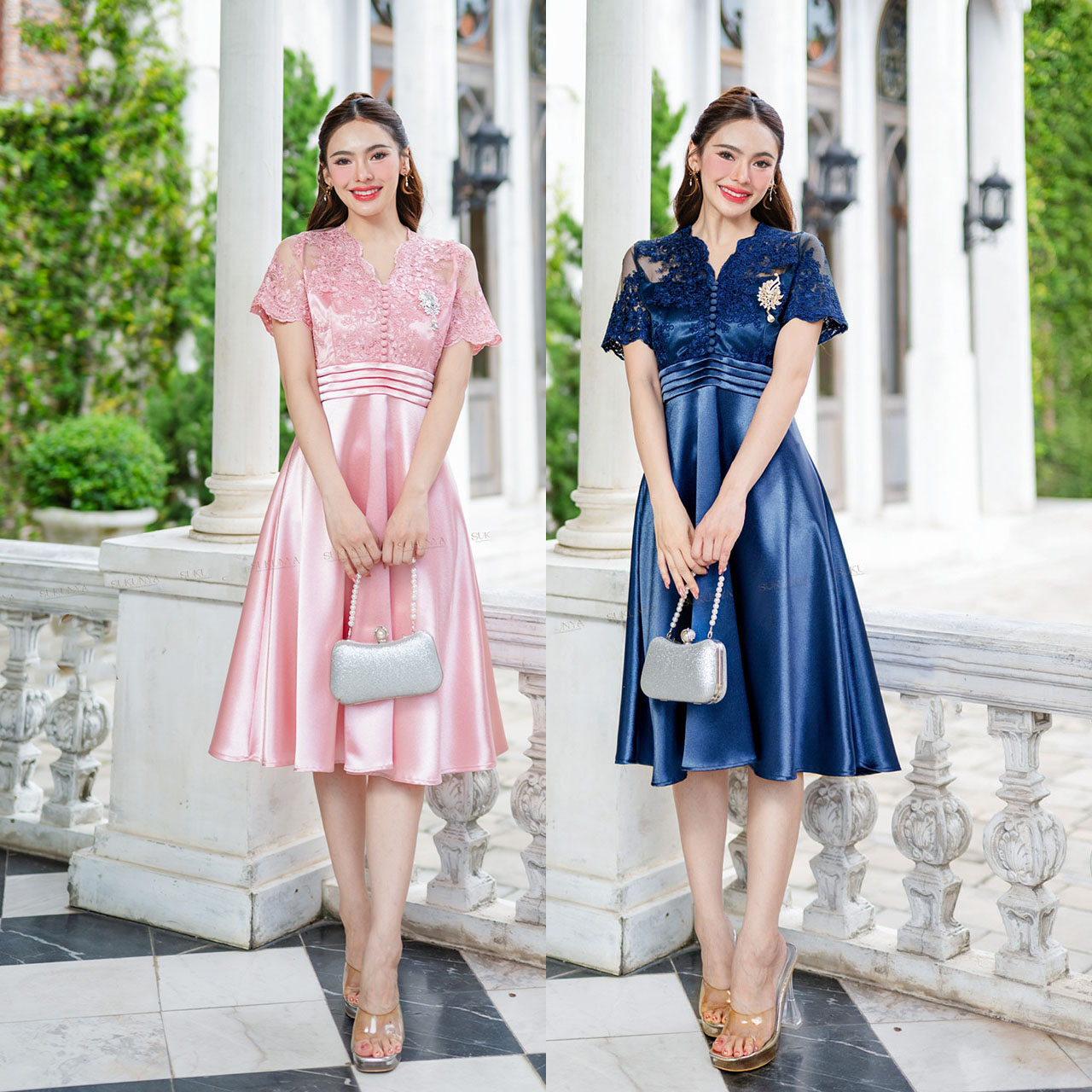 kudapy เดรสเสื้อลูกไม้ ด้านหน้าแต่งกระดุม ช่วงเอวเป็นชั้นเพิ่มดีเทลสวยงาม ส่วนกระโปรงเป็นผ้าเครปซาตินเนื้อผ้ามันเงาบาน