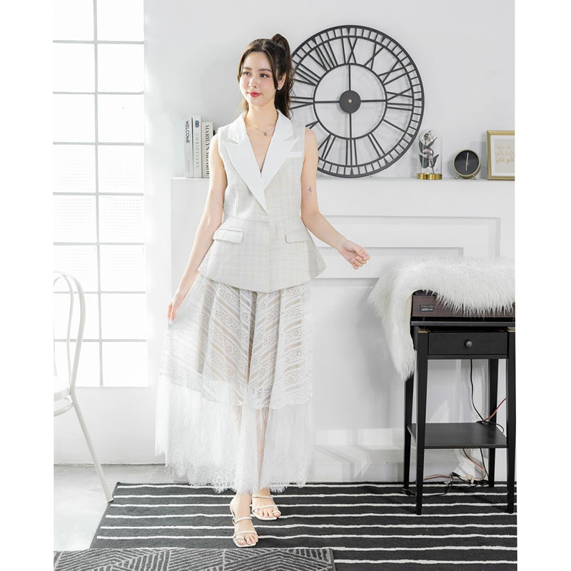 kudapy เซตเสื้อทรงสูทสีชมพู/สีขาว/สีดำ แขนกุด+กระโปรงยาวตาข่าย แต่งผ้าระบาย