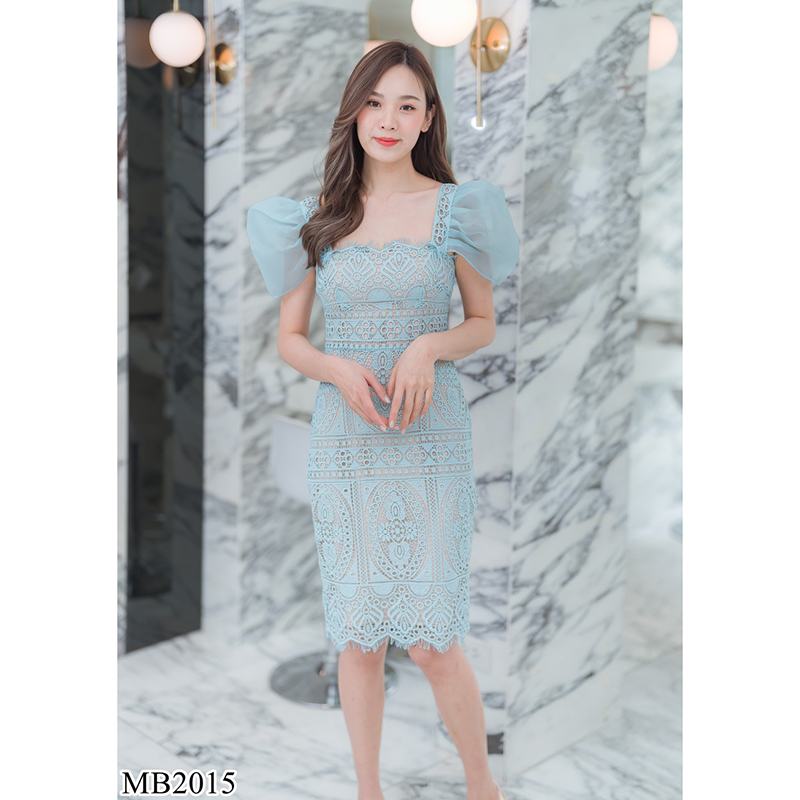 kudapy เดรสสั้นสีขาว/ชมพู/ฟ้า/สีเขียว ลูกไม้แขนชีฟองใส่สบายสวยดูดีเรียบร้อย