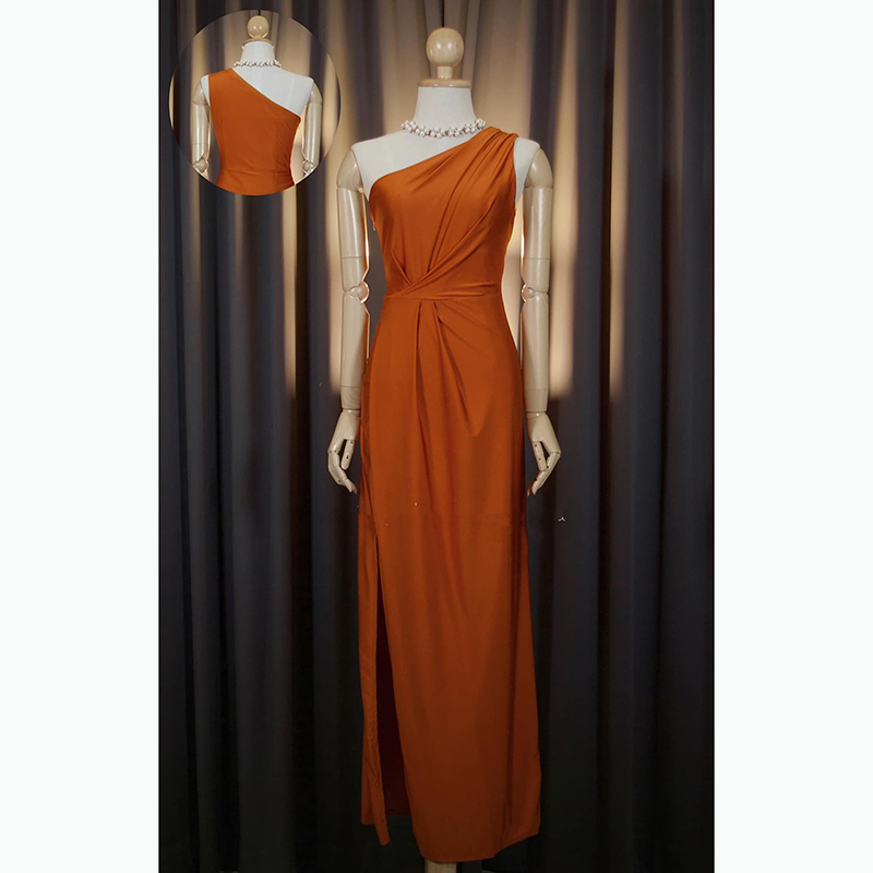 kudapy เดรสยาวออกงานสีโอรส/สีส้ม ติ้งสวยแพง กระโปรงผ่าข้าง ซิปข้าง ใส่ได้ทั้งงานเช้า งานเย็น