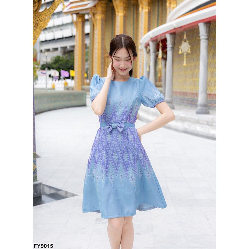 kudapy เดรสสั้นสีฟ้า/สีส้ม ผ้าทอทรงบ้านโบว์หน้า ลายไทย ใส่ออกงาน สวยดูดี