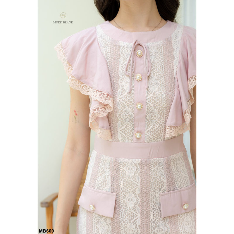 kudapy เดรสสั้นสีชมพู/สีดำ ลูกไม้ลายทางแขนกุดแต่งกระเป๋า