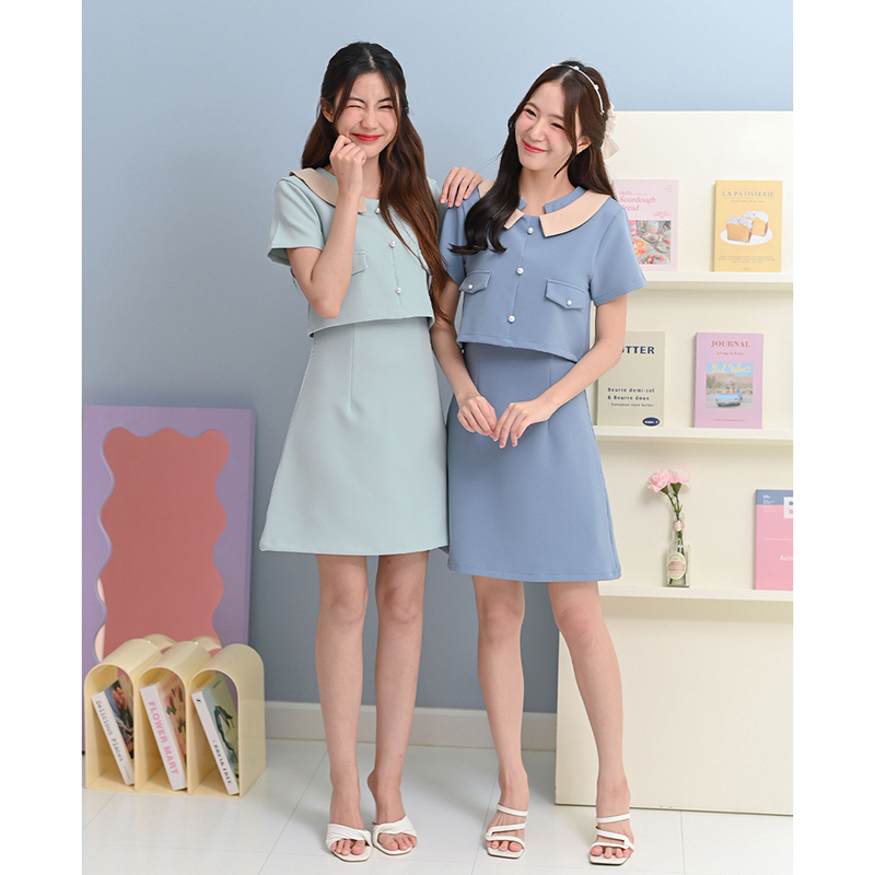 kudapy เดรสสั้นสีมิ้นท์อ่อน/สีฟ้า คอกลมแขนสั้น ตัดต่อเล่นสีคอปก ตัดต่อตัวเหมือนใส่แยกชิ้นทรงสวยเข้าเอว แต่งกระเป๋าหลอก