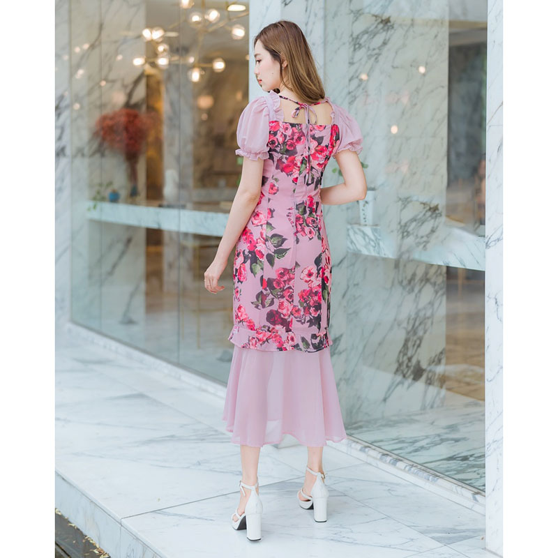 kudapy เดรสยาวสีชมพู/สีดำ แขนจั๊มลายกุหลาบชีฟอง ใส่ออกงานใส่เที่ยว เนื้อผ้าเบาสวยดูดีมากๆ