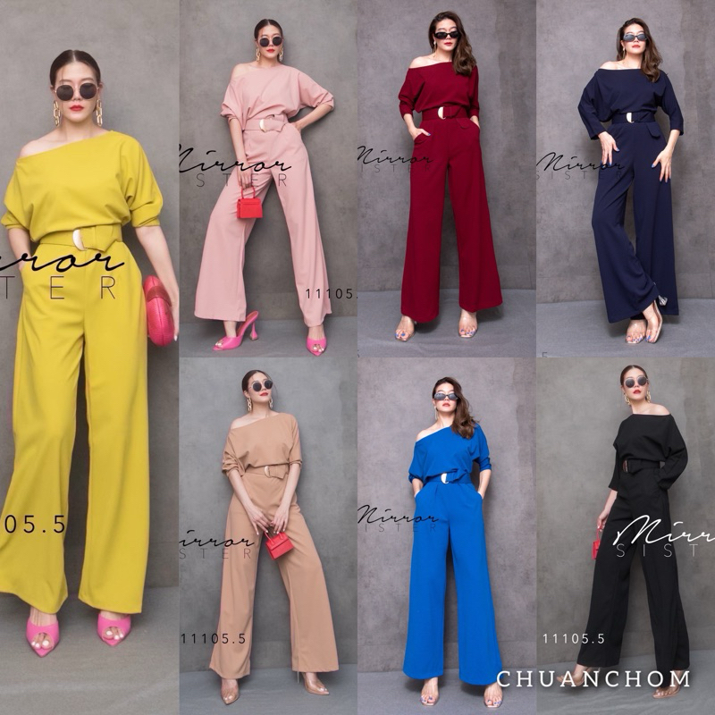 kudapy จัมพ์สูทขายาว ช่วงบนเป็นเสื้อไหล่ตกหรือปาดไหล่ ช่วงกางเกงทรงกระบอกใหญ่ มาพร้อมเข็มขัด