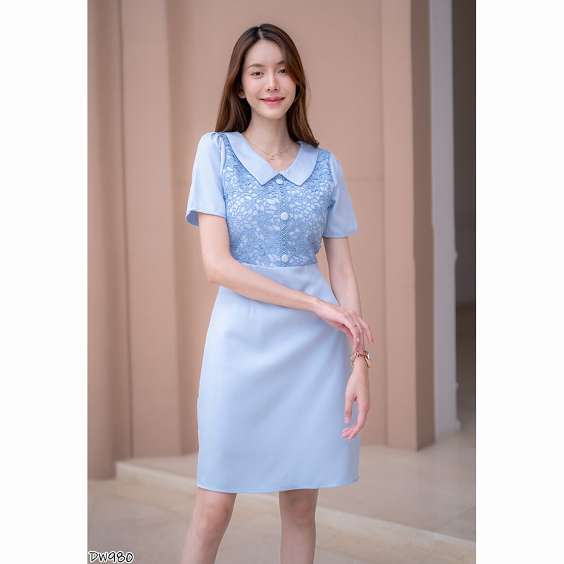 kudapy เดรสสั้นสีชมพู/สีฟ้า ผ้าทออกลูกไม้ ใส่ออกงานสวยดูดี น่ารัก