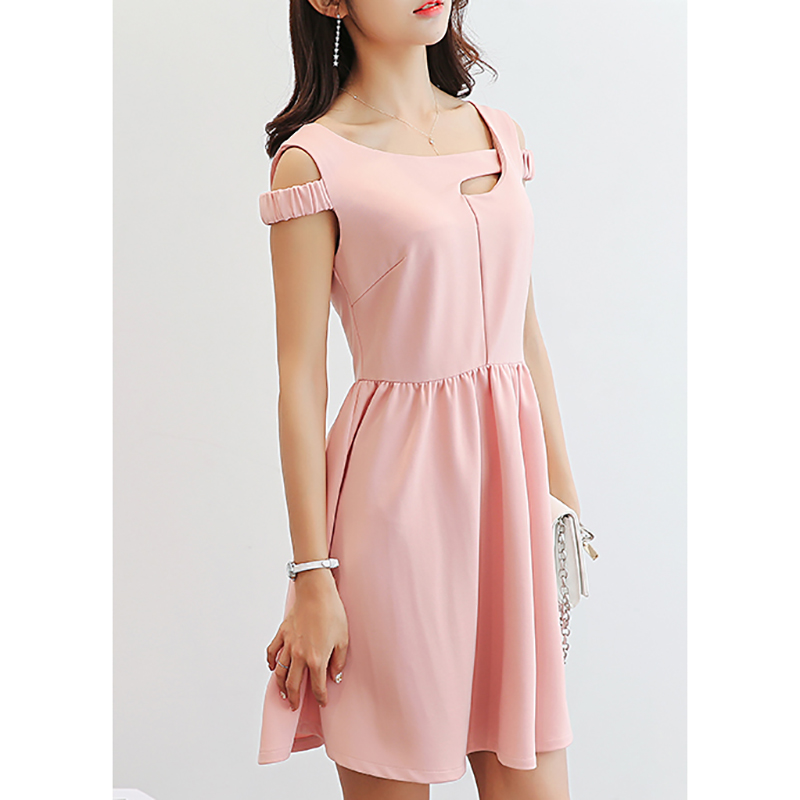 kudapy ชุดเดรสสั้นสีชมพู แฟชั่นแขนกุด แต่งสายคาดช่วงต้นแขนแบบยางยืดสวยหรูสไตล์เกาหลี