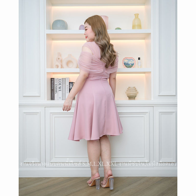 kudapy เดรสสั้นสีชมพู/สีมิ้นอมฟ้า เดรสออกงานปาดไหล่มุ้งกระโปรงบาน น่ารักมากกก งานมีซับใน ซิปด้านหลัง