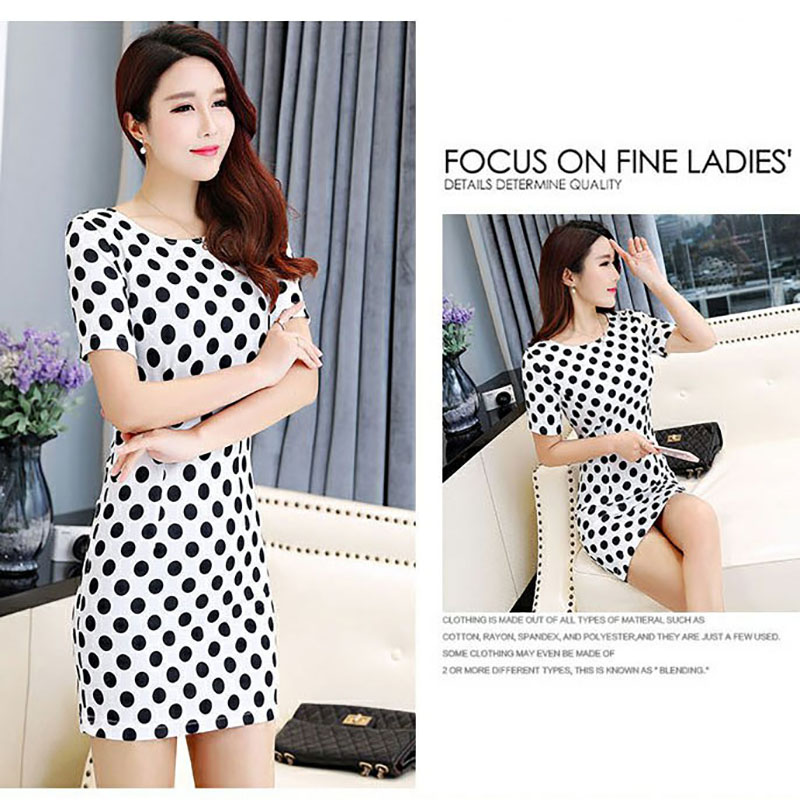kudapy ชุดเดรสสั้นสีขาว แฟชั่นลายจุดขาวดำทรงสวมคอกลมแขนสั้น