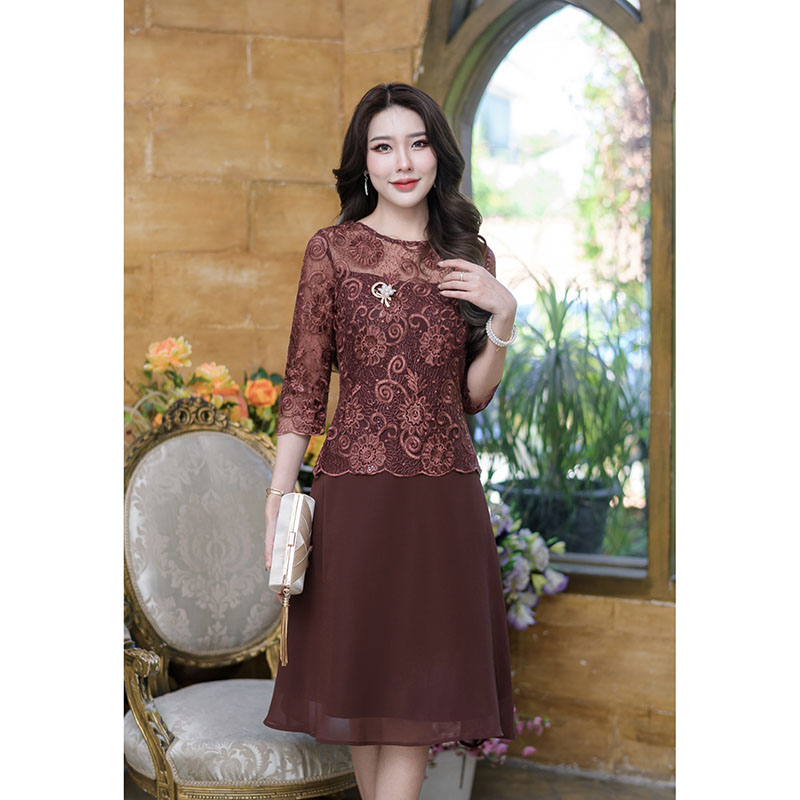 kudapy เดรสสั้นสีน้ำตาลแดง/สดำ/สีน้ำตาลโอวัลติน ลูกไม้ปักผ้าเกรดพรีเมี่ยม งานดีไซน์แขนห้าส่วน กระโปรงบานพริ้วเนื้อผ้า chiffon เบาสบาย