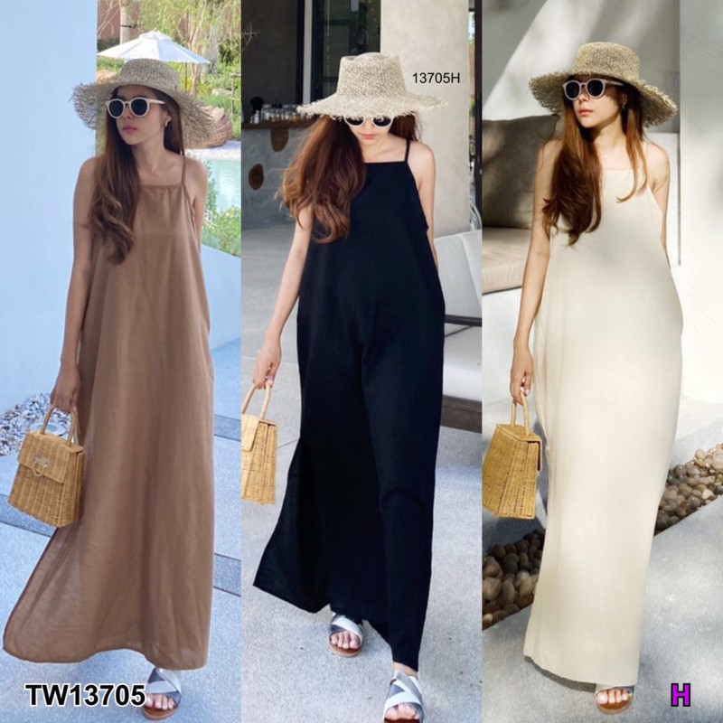 kudapy Maxi Dress เดรสยาวสีครีม ดำ เขียว เหลือง โอรส เทาเข้ม สายเดี่ยว เนื้อผ้าลินิน มีกระเป๋าข้างสองข้าง เรียบ หรู