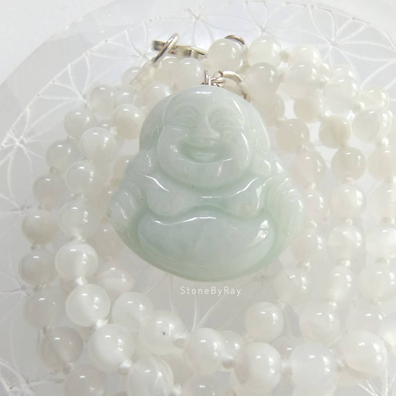 สร้อยคอหินมูนสโตน+จี้พระสังกัจจายหยก