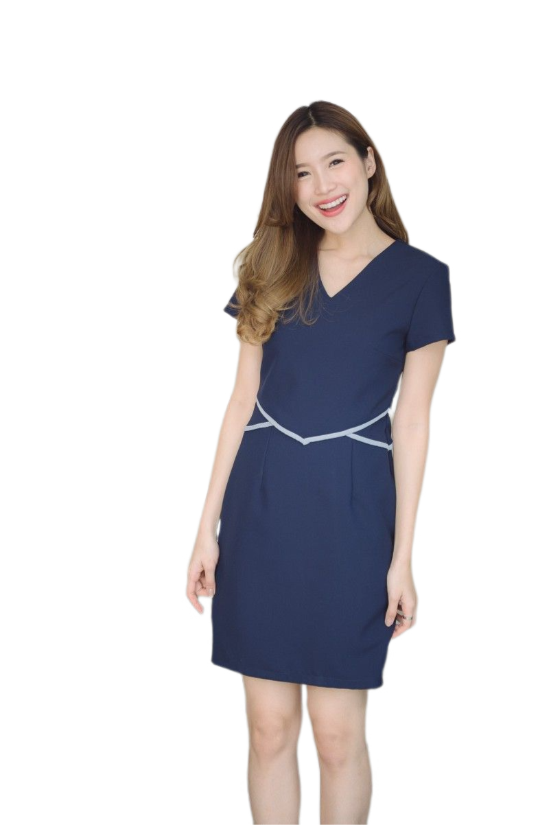 เดรสสั้นคอวี แขนสั้นสีกรมท่า,สีแดงเลือดหมู, สีดำ, สีน้ำตาล ,สีม่วง แต่งลายที่เอว เดรสทำงานทรงสวย งานดีมาก ซิบหลัง ซับใน