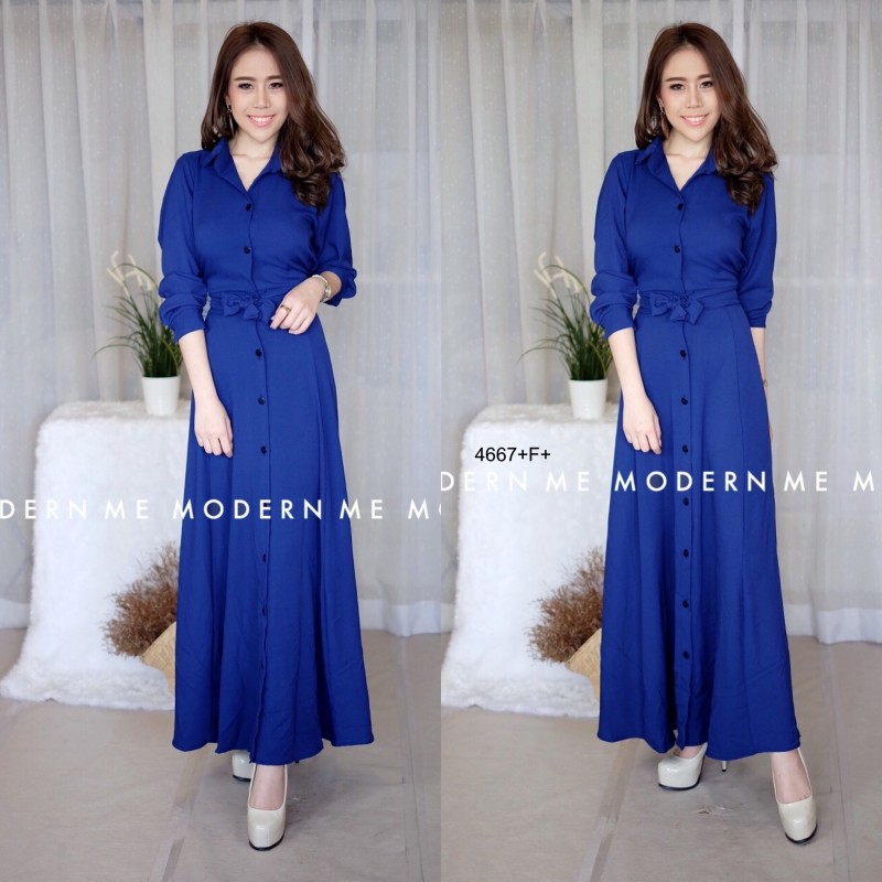 kudapy Maxi Dress แม็กซี่เดรสเชิ้ตแขนยาว สีพื้น งานเชิ้ตแต่งคอปกกระดุมช่วงหน้ายาวข้างเอวเย็บติดสายผูกเอว