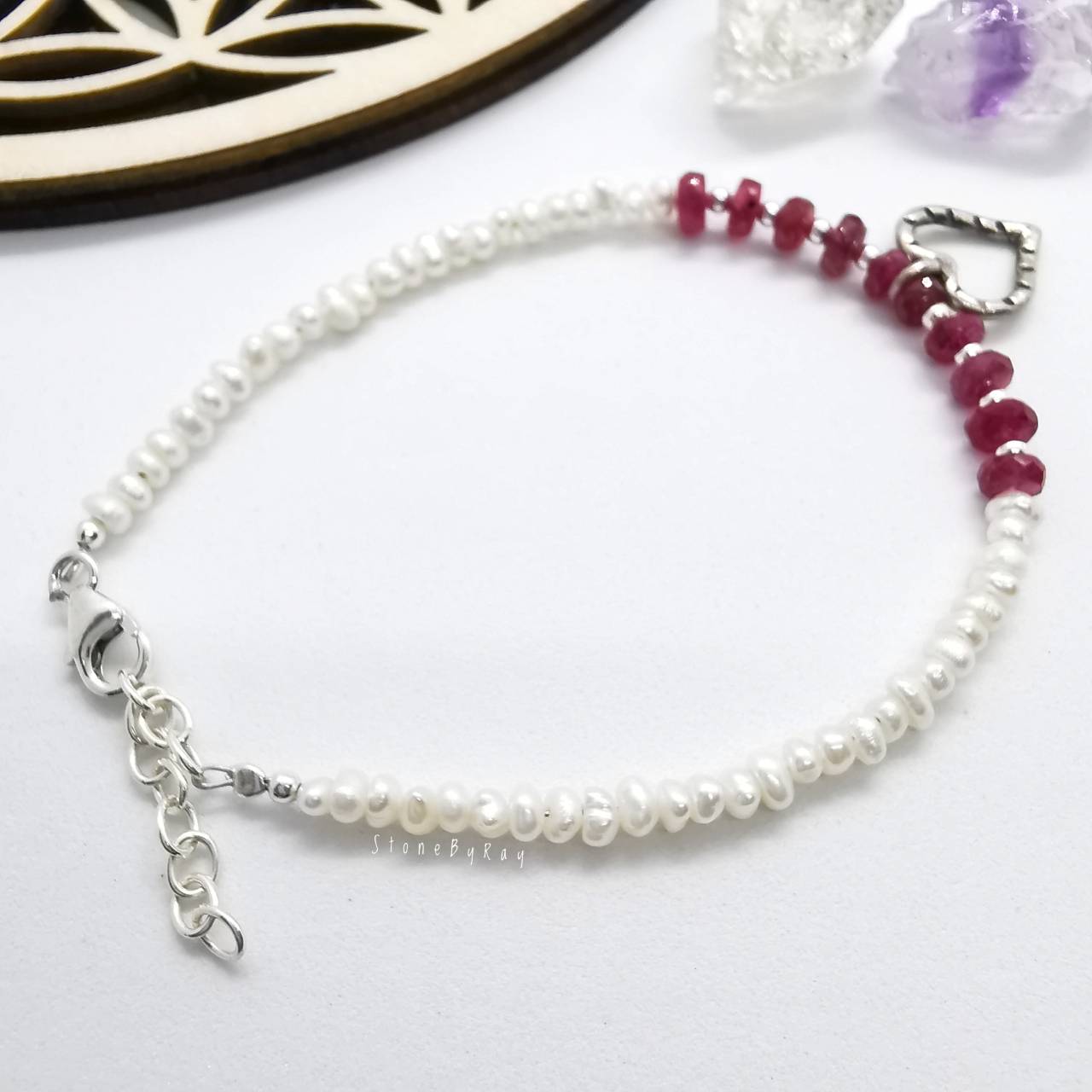 สร้อยข้อมือเงินพลอยทับทิม+ไข่มุกแท้ (Ruby+Pearl)
