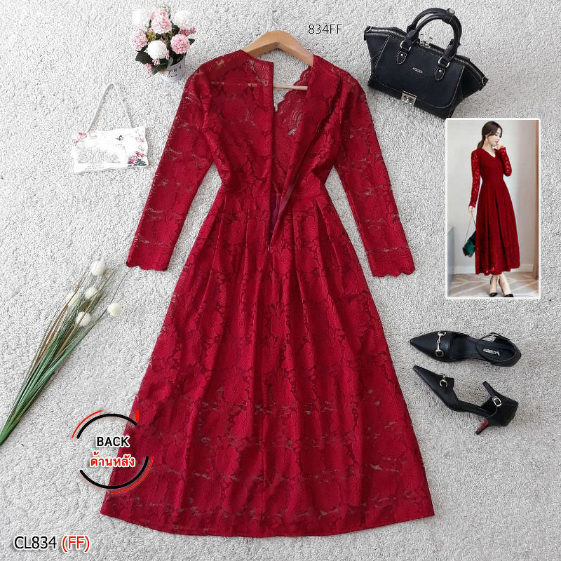 kudapy เดรสยาวสีเทา/สีขาว/สีโอรส/สีแดงเลือดหมู ลูกไม้แขนศอก คอวีป้ายหน้า (ช่วงบนไม่มีซับใน)งานลูกไม้ลายสวยหรู เย็บบุซับในช่วงกระโปรงอย่างดี