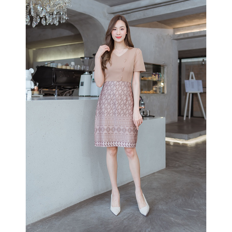 kudapy เดรสสั้นน้ำตาล/สีชมพู/สีฟ้า กระโปรงผ้าไทยท่อนบนสีพื้นแต่งกระดุม