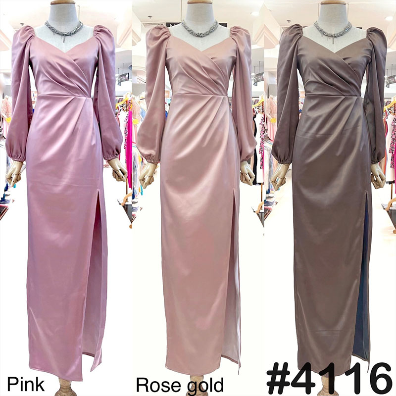 kudapy เดรสยาวสีโรสโกล/สีชมพู/สีน้ำตาล/สีเขียว แขนยาว จับจีบอกทิวลิป จีบเอวพรางหน้าท้อง บ่าและปลายแขนสม็อคยืดได้ แขนจั้มได