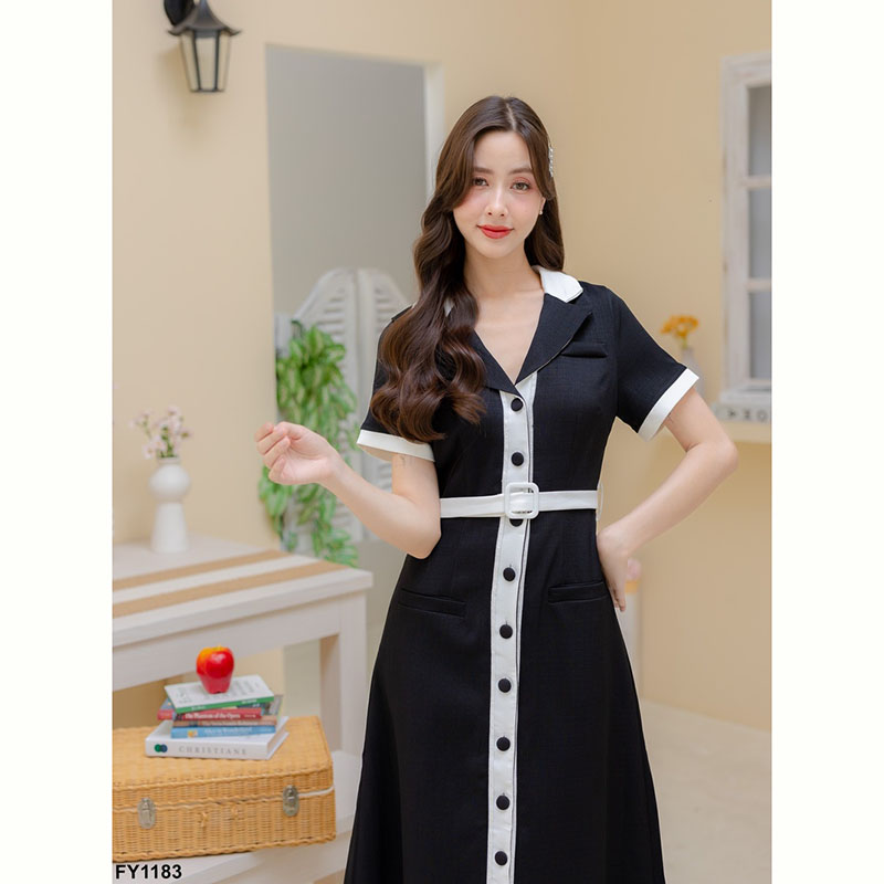 kudapy เดรสยาวสีชมพู/สีครีม/สีดำ เนื้อผ้าอย่างดี มาในทรงคลาสสิคที่ใส่ได้ตลอด สไตล์ติดกระดุมหน้า สีโทนสุภาพแต่งคอปกสุดชิค