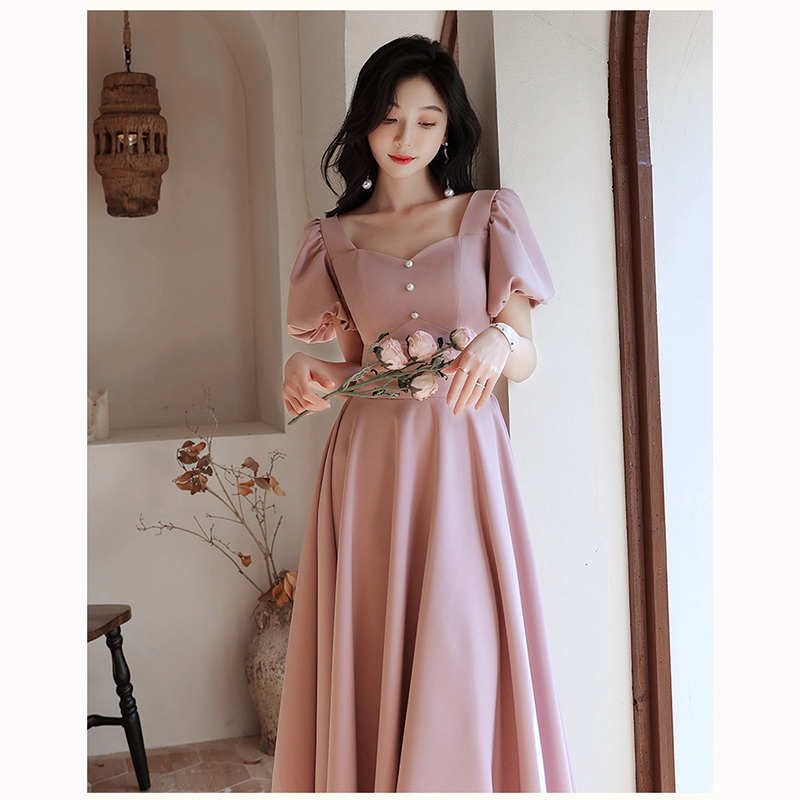 kudapy เดรสสั้นสีชมพู แขนบอลลูนแต่งกระดุมมุกกระโปรงทรงบาน สวยหวาน เรียบหรู สวยดูดี สไตล์มินิมอล ใส่ได้ทั้งงานกลางวัน กลางคืน