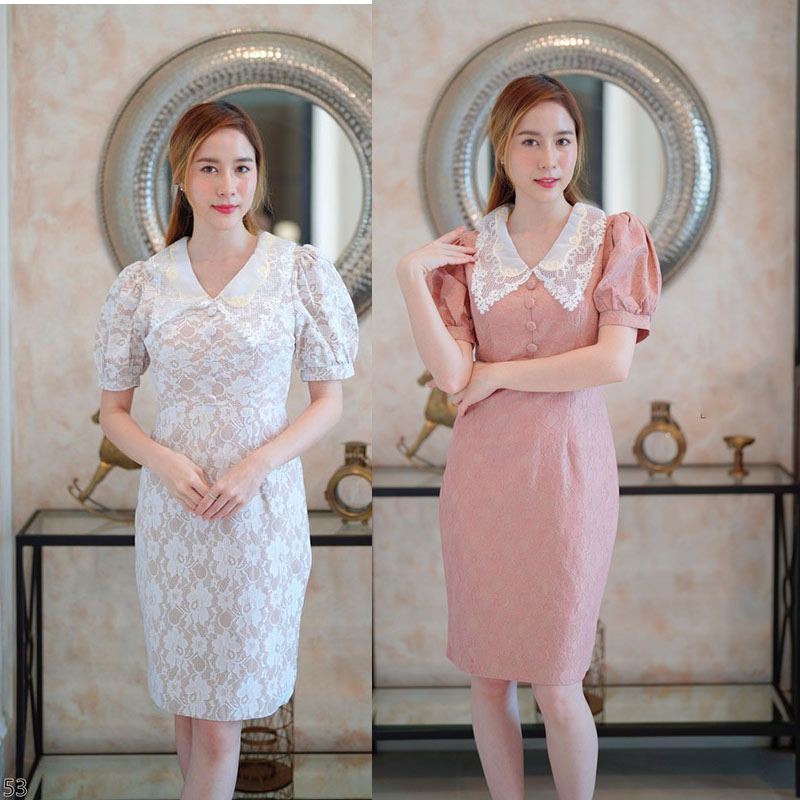 kudapy เดรสสั้นสีขาว/สีชมพูพีช ลายดอกปกลูกไม้แขนจั๊ม