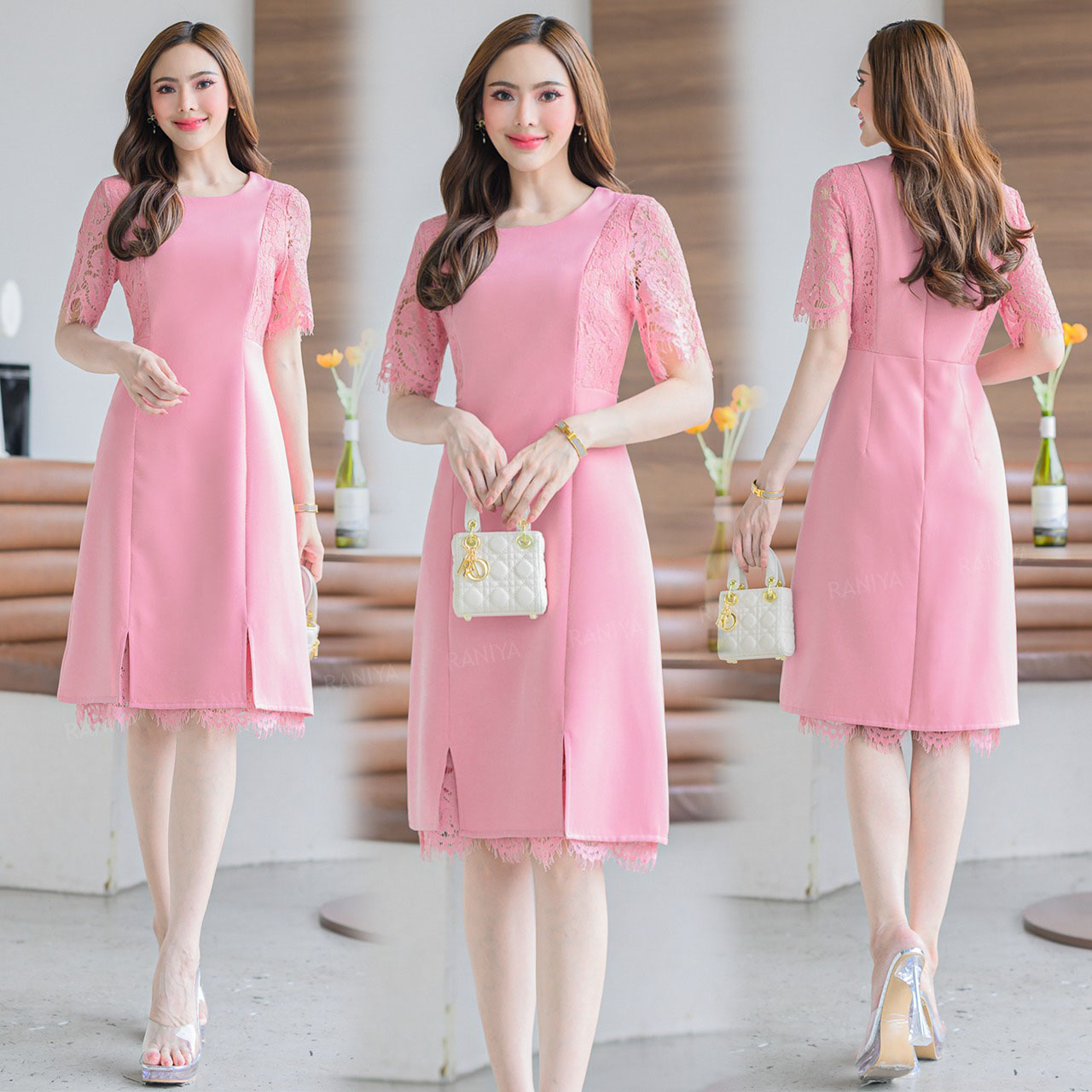 kudapy เดรสสั้นสีชมพู/สีขาว/สีครีม ผ้าโพลีเอสเตอร์ ทรงเอ แต่งแขนลูกไม้ฝรั่งเศษ ด้านหน้าตีเกรดเข้าทรงสวย กระโปรงผ่าหน้า