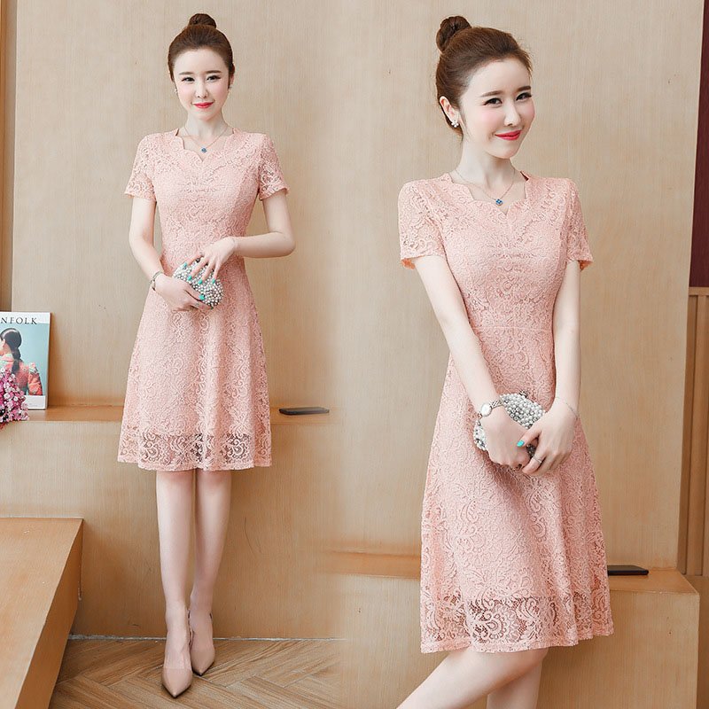 kudapy เดรสลูกไม้สีชมพูโอรส/สีครีม แขนสั้น กระโปรงทรงบานคลุมเข่า แนวเรียบร้อย สวย ดูดี ชุดเดรสทำงาน ชุดเดรสออกงาน