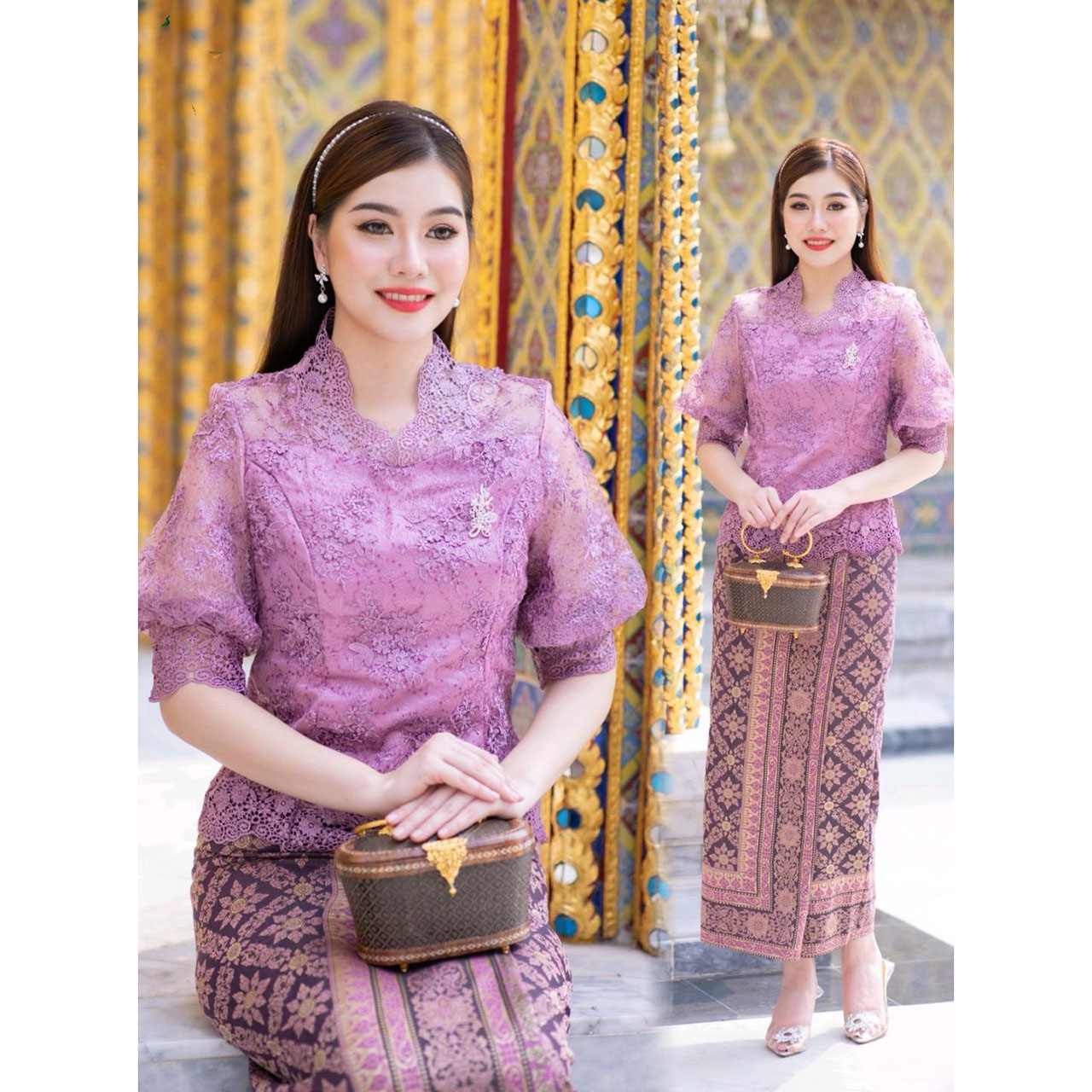 kudapy เซ็ท เสื้อลูกไม้ใยบวบฝรั่งเศษพรีเมี่ยม+ผ้าถุงผ้าฝ้ายทอลายบุพเพสันนิวาสสำเร็จรูปอัดกาวอย่างดี