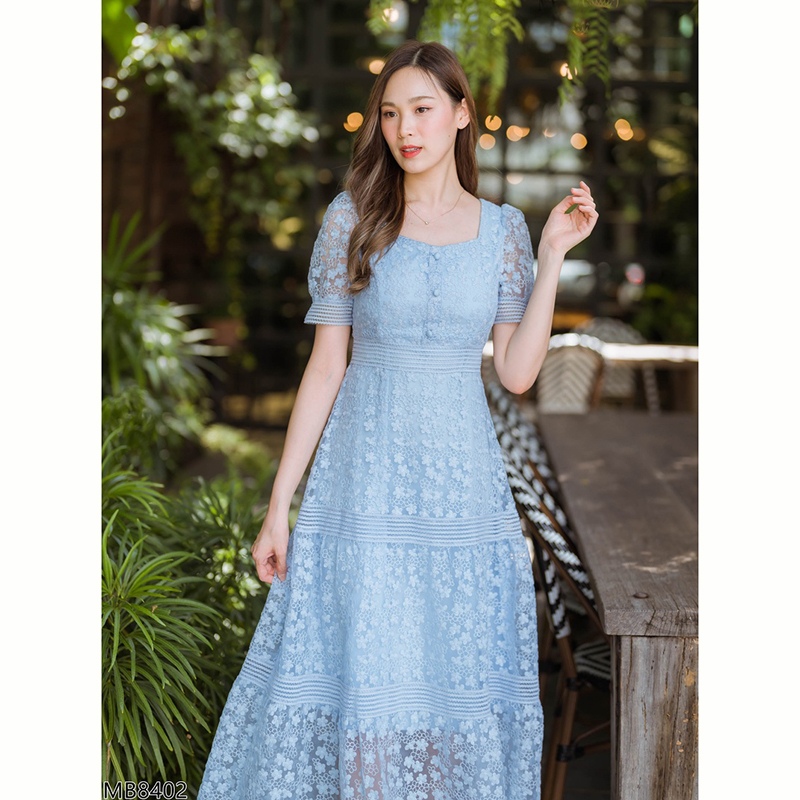 kudapy เดรสยาว สีฟ้า สีครีม สีชมพู เเดรสยาวคลุมเข่าลูกไม้ออกงานแขนตุ๊กตา สวยดูดีน่ารักมากๆ