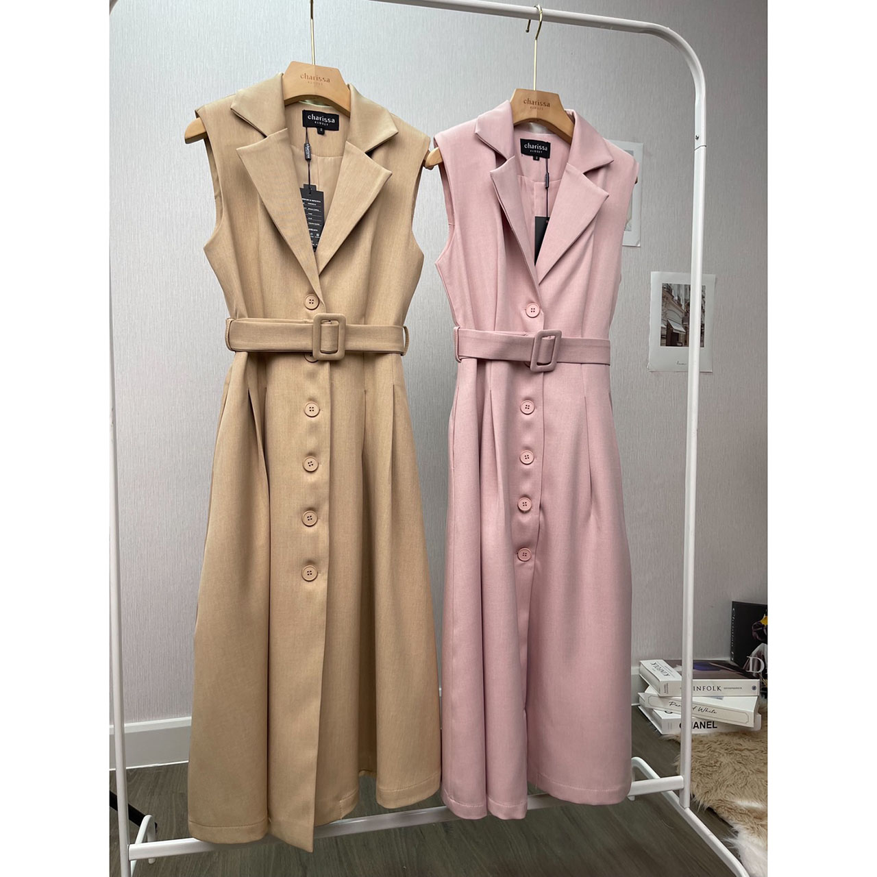 kudapy เดรสยาวสีชมพู/สีครีม สูททรงสวยคลาสสิค ผ้านุ่มใส่สบาย เดรสมีซับในทั้งตัว กระดุมจริง