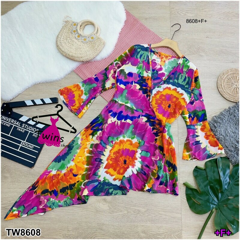 kudapy เดรสสั้น ชายเฉียงระบายชายหางปลาแบบจัดเต็ม ผ้าพริ้ว แขนยาวปลายแขนระบาย