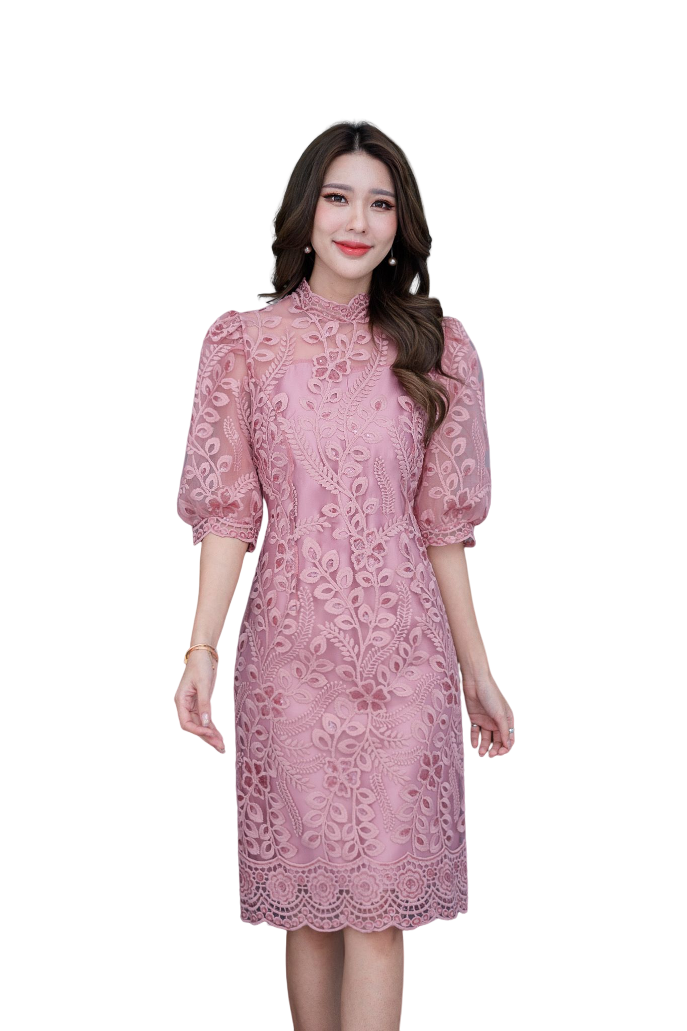 kudapy เดรสสั้นลูกไม้สีฟ้าคราม/สีชมพูอ่อน/สีชมพูบานเย็น เดรสคอจีน แต่งแขนพองบอลลูนสีส่วน