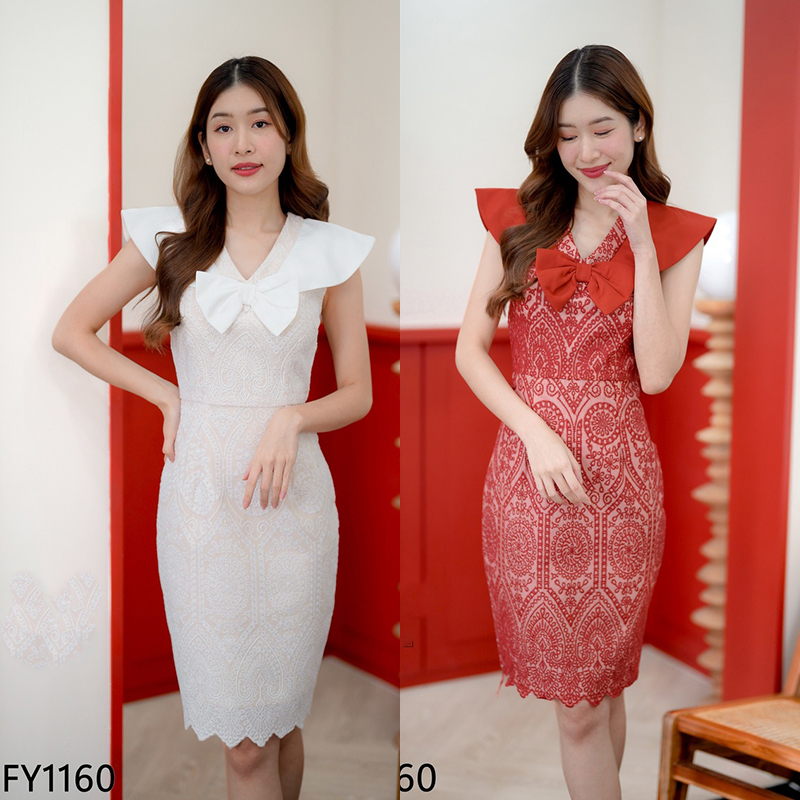 kudapy เดรสสั้นสีส้มอิฐ/สีขาว ลูกไม้แต่งโบว์ สวยดูดี