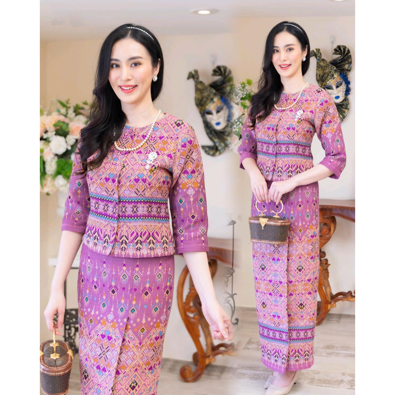 kudapy เซ็ทสีแดง ผ้าฝ้ายงดงามในความเป็นไทย อัดกาวอย่างดี เสื้อทรงเอวระบาย