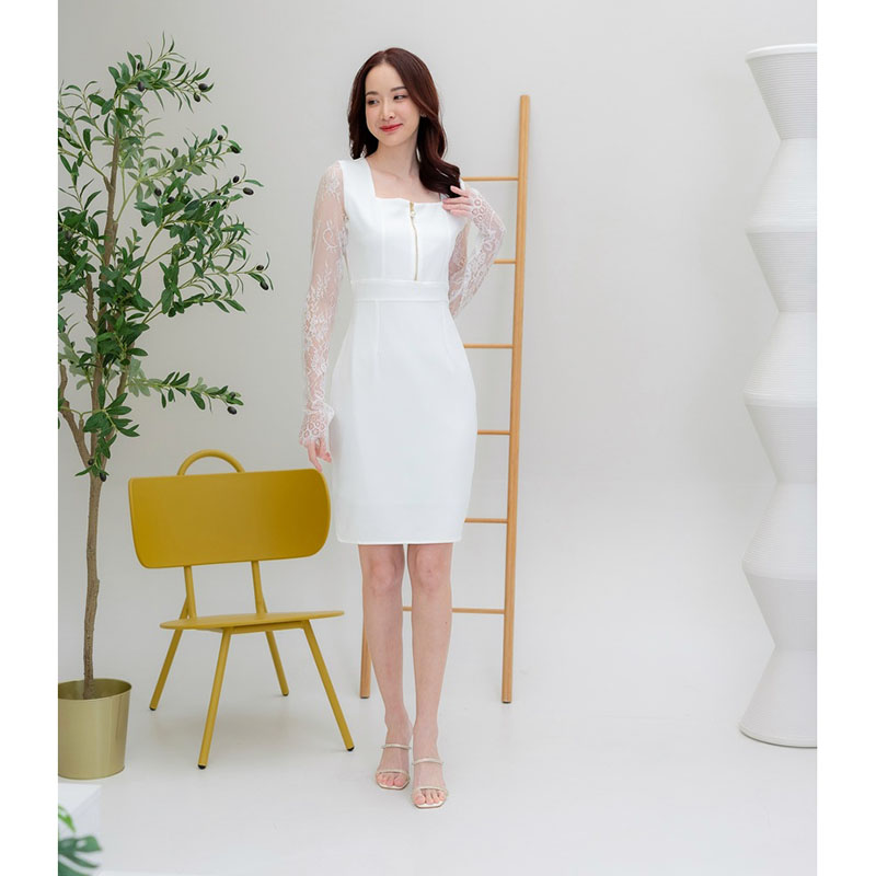 kudapy เดรสสั้นสีชมพู/สีขาว/สีดำ อกซิบแขนลูกไม้ยาว