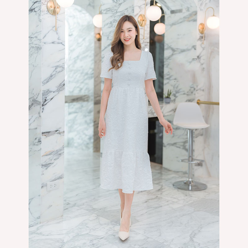 kudapyเดรสยาวสีแดง/สีชมพู/สีขาว แขนกระบอกสั้น ใส่สบายสวยดูดี