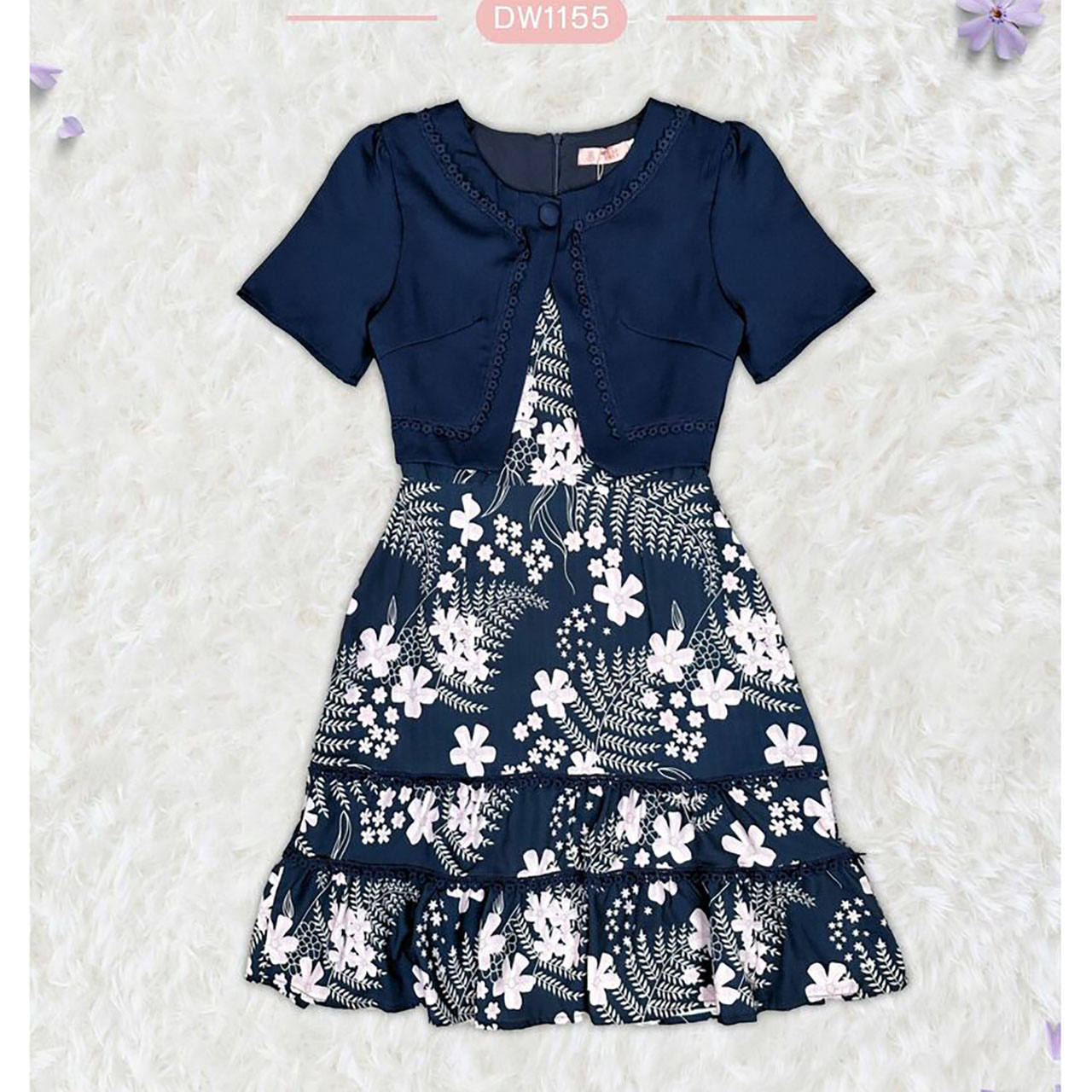 kudapy เดรสสั้นสีขาว/สีกรม/สีชมพู คลุมกระโปรงดอกระบาย