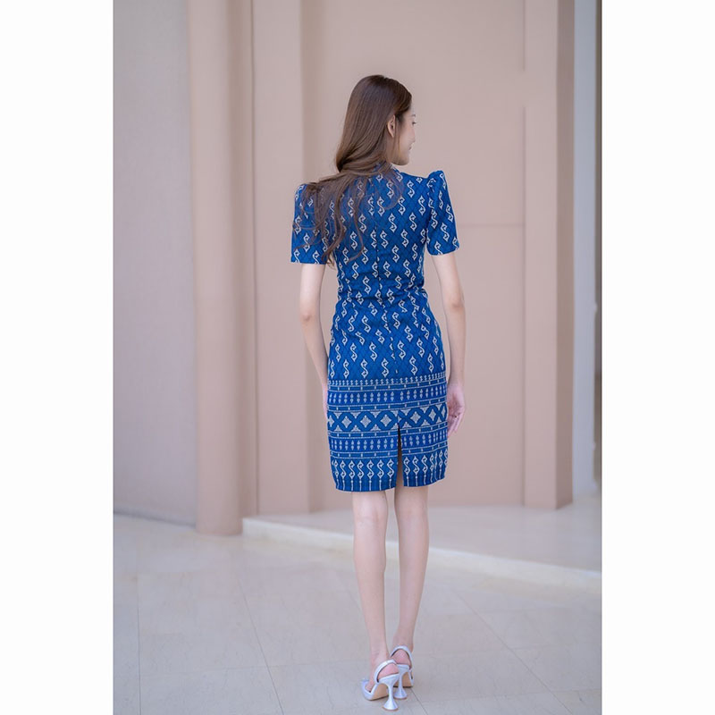 kudapy เดรสสั้นสีเทา/สีกรม/สีชมพู ผ้าไทยคอปีนลายขอ