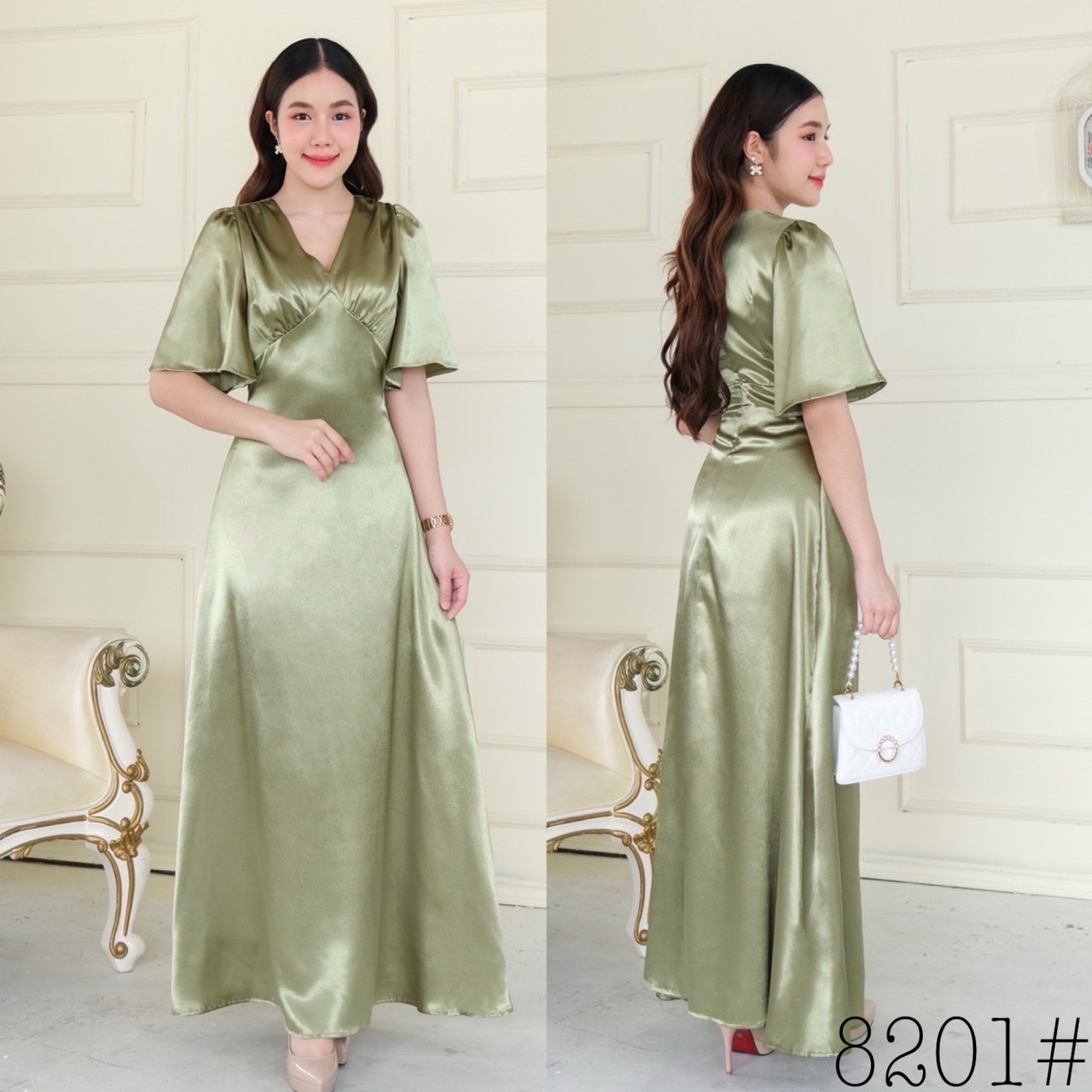 kudapy เดรสยาว แขนระฆัง คอวี คัตติ้งเอวสูง จับจีบใต้อก กระโปรงบานพรางแขน พรางสะโพก ซิปหลังยาว