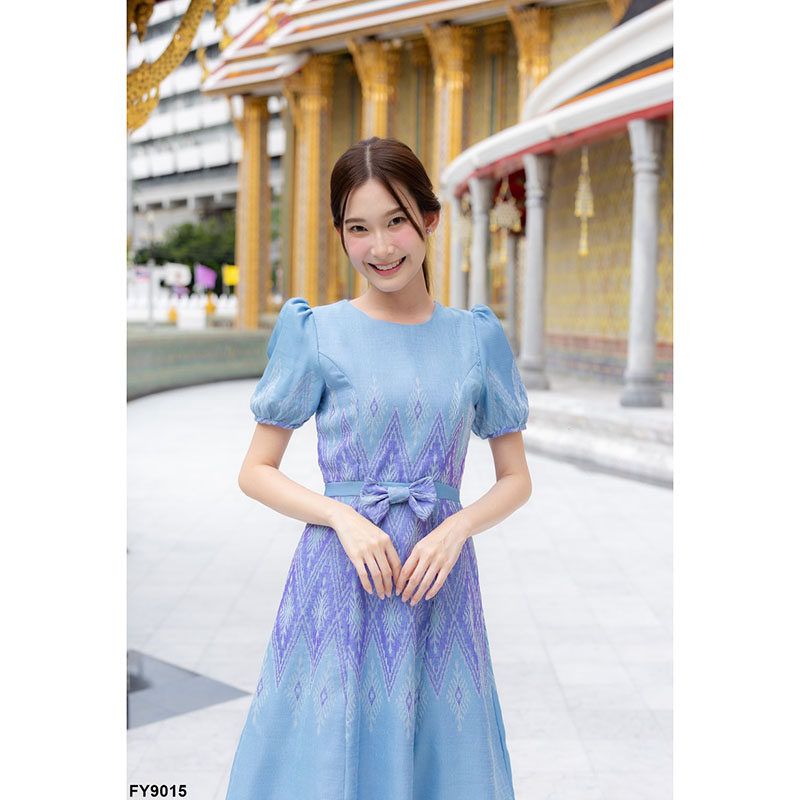 kudapy เดรสสั้นสีฟ้า/สีส้ม ผ้าทอทรงบ้านโบว์หน้า ลายไทย ใส่ออกงาน สวยดูดี
