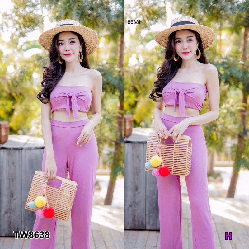 kudapy Set ไปทะเล เสื้อเกาะอก ผูกอก + กางเกงขายาว ผ้ายืด